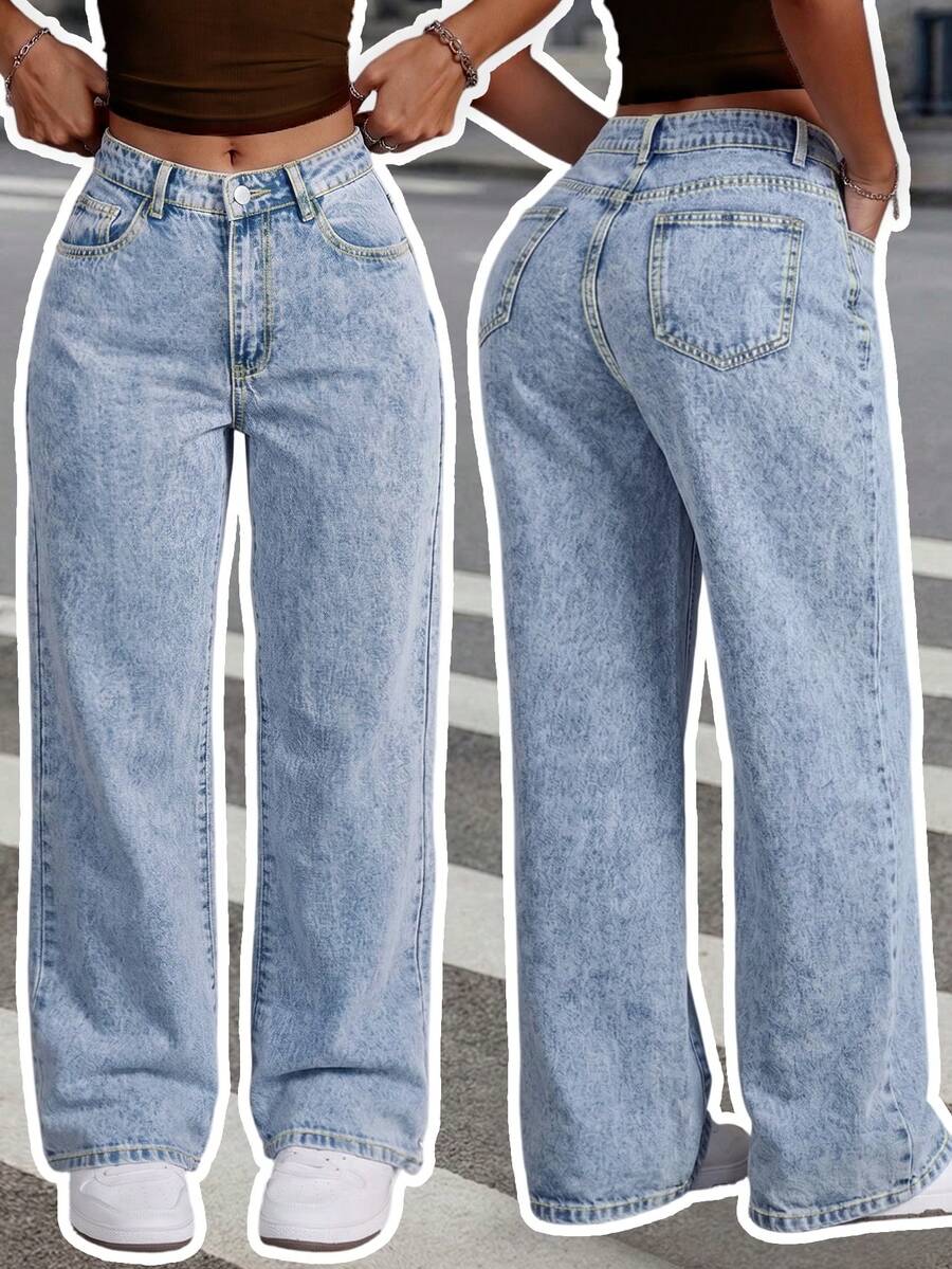 Women's Light Blue Mid-Waist Slim Fit Straight Leg Casual Pants & Versatile Washed Denim Spring Fall - Blue - View 1