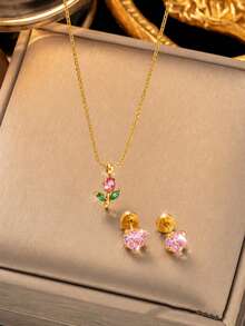 VceTd 1/2/3PCS Romantic Cute Style Stainless Steel Women's Jewelry Set With Pink Glass Inlaid Heart/Rose Pendant Design, Suitable For Women's Daily Wear, Date, Or Gift - Yellow Gold - View 1