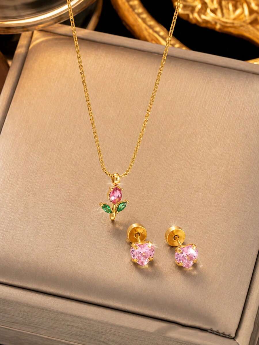 VceTd 1/2/3PCS Romantic Cute Style Stainless Steel Women's Jewelry Set With Pink Glass Inlaid Heart/Rose Pendant Design, Suitable For Women's Daily Wear, Date, Or Gift - Yellow Gold - View 1