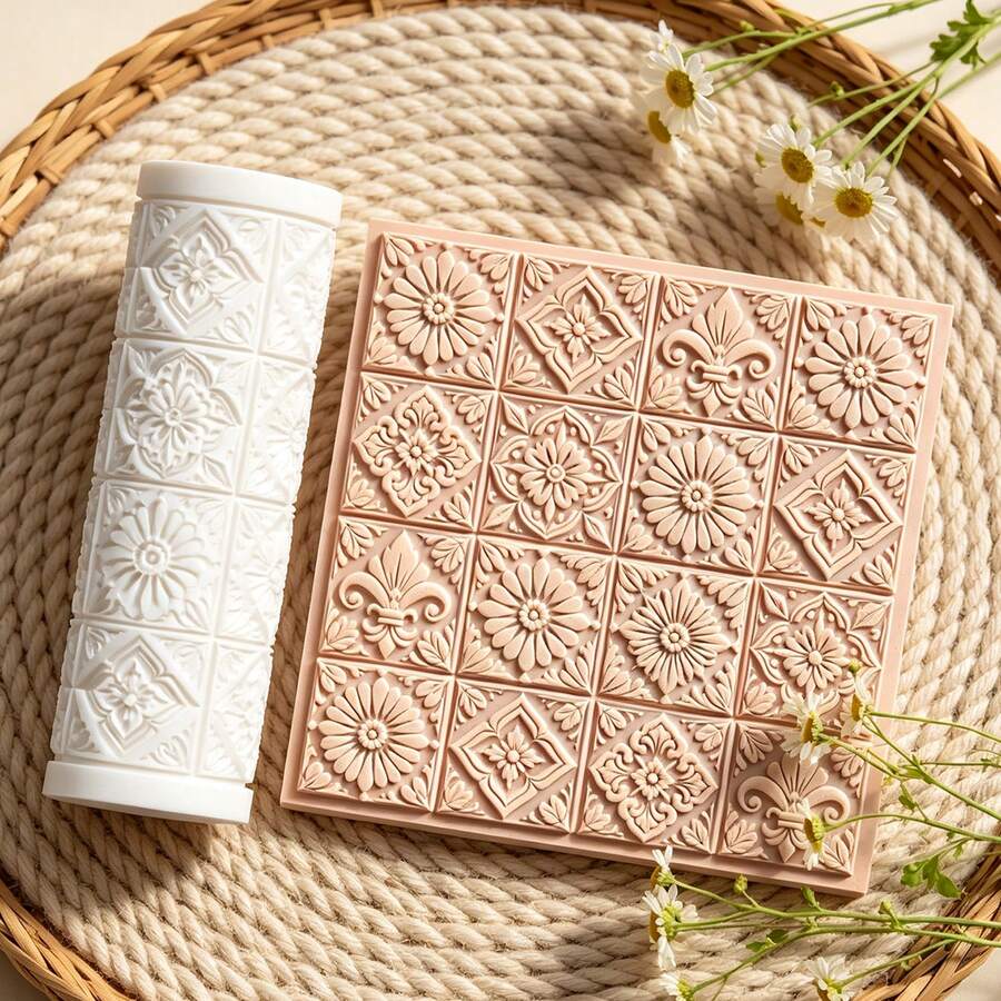 1Pc Vintage Tile Floral Texture Roller, Retro Geometric Flower Pattern Clay Embossing Roller, DIY Handmade Earring Pendant Jewelry Craft Supplies