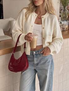 Women Fall Off White Knit Cardigan, Round Neck Gold Button Front Long Sleeve Sweater With Pockets For Daily Casual Outfits - Apricot - View 8