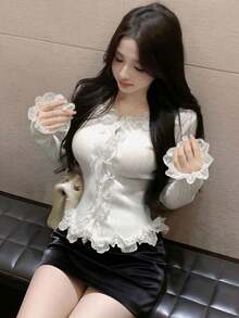 Women's French Lace Trim Long Sleeve Cardigan Sweater, Fitted Style Fall White - White - View 7