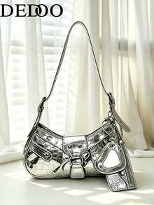 Dedoo 2025 Summer New Drawstring Women's Bag Fashion Bucket Bag Rivet Motorcycle Bag 3 Pieces Set Wide Strap Crossbody Bag - Silver - View 2