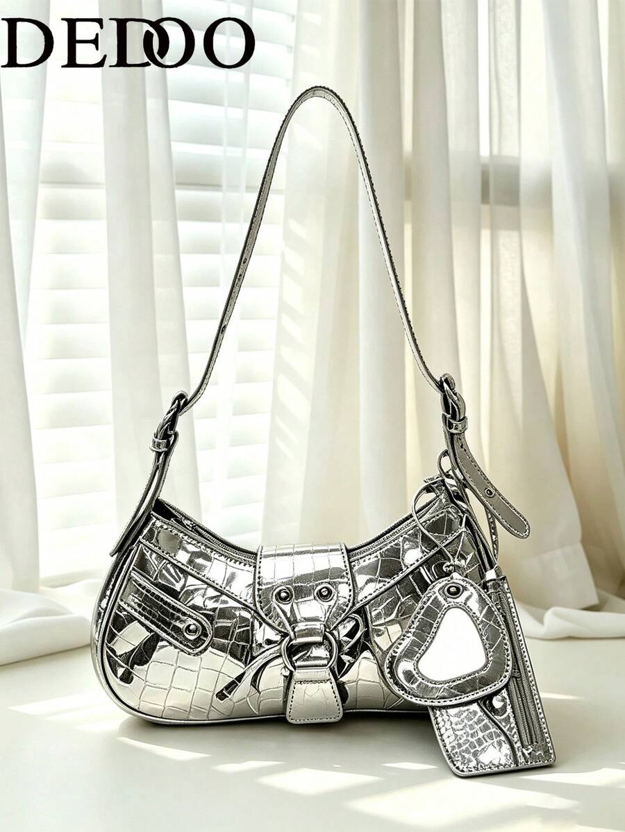 Dedoo 2025 Summer New Drawstring Women's Bag Fashion Bucket Bag Rivet Motorcycle Bag 3 Pieces Set Wide Strap Crossbody Bag