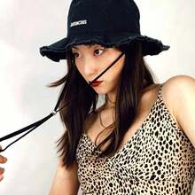 Women's Original Color Tassel Bucket Hat, Letter Embroidery Wide Brim With Chin Strap Sun Hat, Lightweight Casual Outdoor Travel Headwear - Celebrity-style Hat - View 2