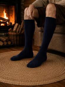 1Pair Simple Men Solid Color Knee High Sports Socks, Ribbed Cuff Thick Warm Heat Retaining Calf Knit Socks, Stretch Fit Wear Resistant Ins Outdoor - Multicolor - View 1