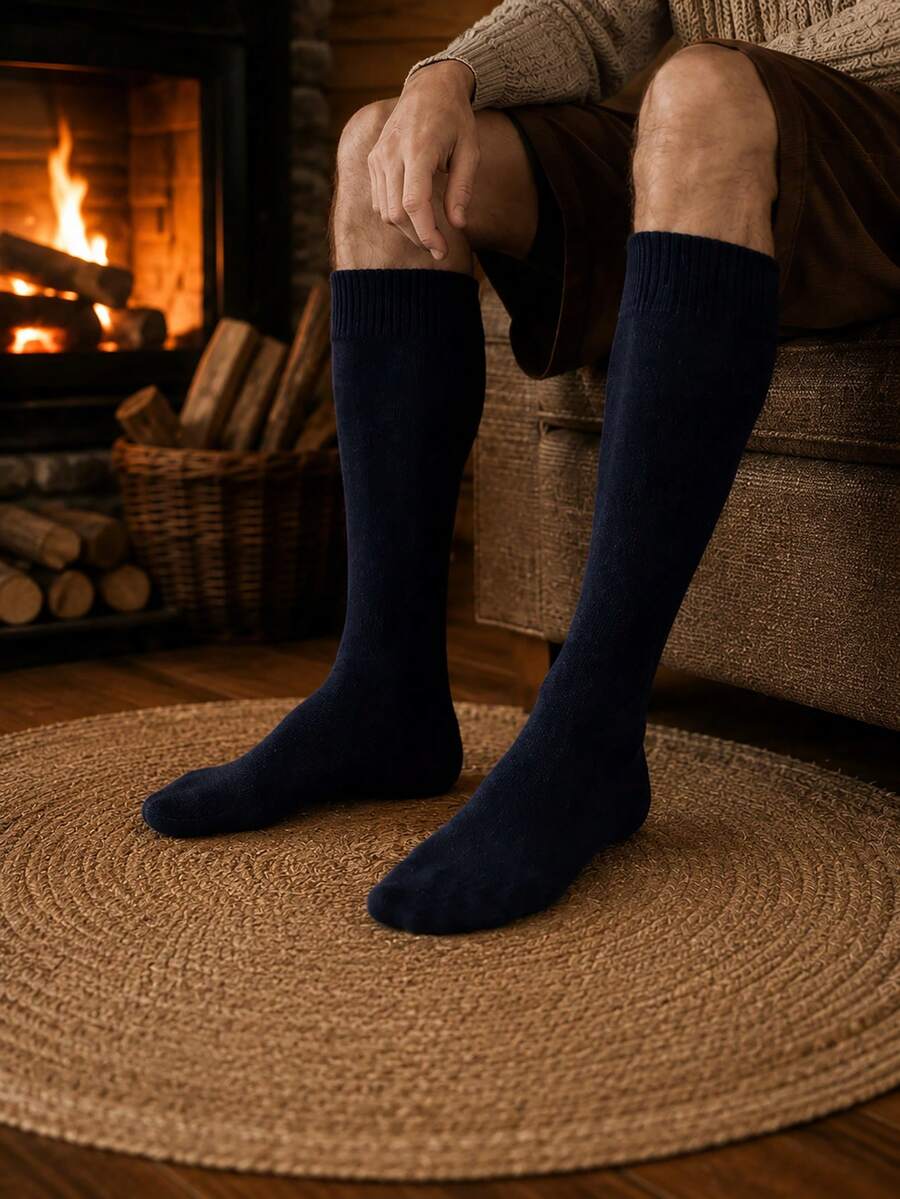 1Pair Simple Men Solid Color Knee High Sports Socks, Ribbed Cuff Thick Warm Heat Retaining Calf Knit Socks, Stretch Fit Wear Resistant Ins Outdoor - Multicolor - View 1