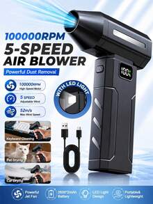 100,000RPM Wireless Electric Air Duster, 5-Speed Powerful Rechargeable Air Blower, 52m/S High-Speed Airflow, LED Light And Digital Battery Display, Portable Dust Remover, Suitable For Keyboard, Computer, Car And Home Cleaning - Multicolor - View 2
