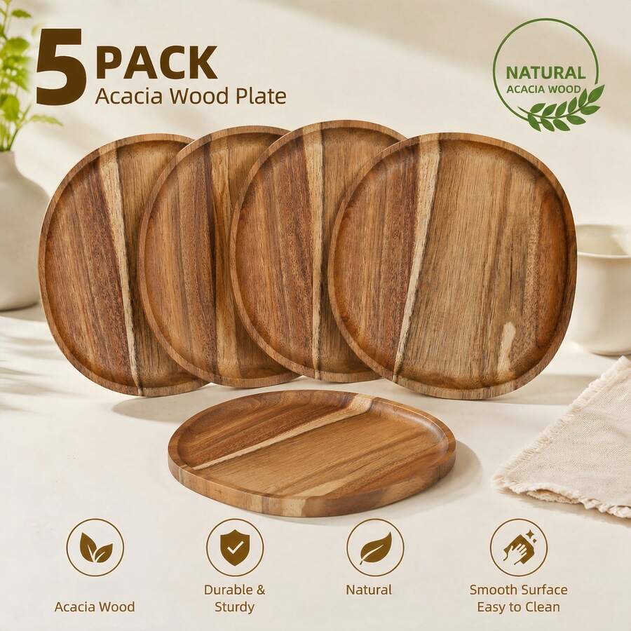 5pcs Acacia Wood Trays - Premium Gift Choice. Oval Design, Suitable For Fruits, Vegetables, Meat And Bread - Essential Accessory For Apartment Kitchen Cooking, Convenient For Outdoor Camping, Christmas, Thanksgiving, Easter, Halloween. Suitable For Daily Kitchen/Camping Use. Display Trays - View 1