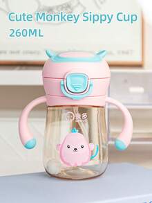 1pc 260ml Cartoon Straw Cup For Kids, Cute Baby Sippy Cup, 360° Drinking, Leak-Proof & Drop-Resistant With Scale And Handle, Suitable For Daily Use - Cute Monkey Pink - View 3