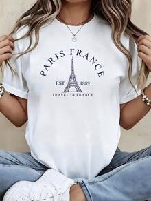 Paris Minimalist Cotton Women T‑Shirt, Eiffel Tower Letter Print, Casual Short Sleeve Top For Travel Holiday Weekend Gift For Her - White - View 1