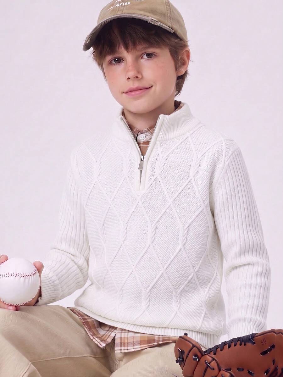 Boys' Simple Argyle Half-Zip Half-Neck Long Sleeve Sweater Knit Pullover, Textured Casual Versatile Top For Daily Wear And School, Spring/Autumn/Winter - White - View 1