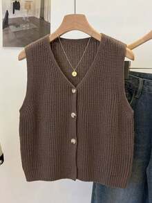 Women's V-Neck Knit Vest, Simple Versatile Daily Wear, Spring Summer Autumn Fashion Item, Button Front Open Sleeveless Cardigan Knit Top Fall - Brown - View 4