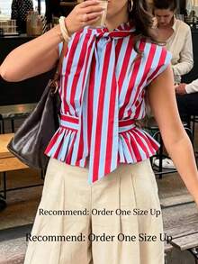 Mellowy Spring/Autumn New Women's European And American Style Fashion Bow Tie Striped Shirt Summer - Red Stripes - View 3