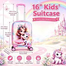 Girls Cartoon Printed Rolling Luggage, Hard Shell Kids Carry‑On Suitcase With Universal Wheels & Telescopic Pull Rod, Ideal For Short Trips - Pink - View 3