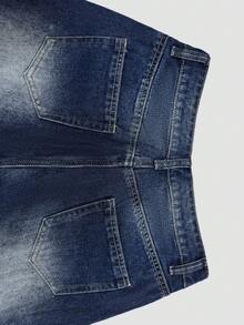 Celana Jeans Wanita Vintage Biru Tua Pudar Pinggang Tinggi Potongan Lebar dengan Efek Sobek, Minimalis Serbaguna Kasual untuk Perjalanan Sehari-hari - Biru - View 6