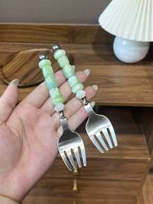 1件/2件 304不鏽鋼創意甜美風珠飾湯匙，下午茶甜點匙、水果叉，適用於餐廳、居家、派對、聚會 - 綠色 - 查看 15
