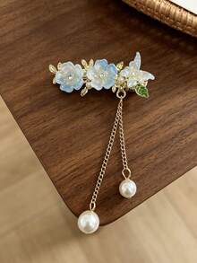 2pcs Semi-Transparent Glass Flower Pearl Pendant Bangs Clip, Luxury Gold Chain Dangle Hair Clip, Women's Gentle Atmosphere Hair Accessory - Multicolor - View 2