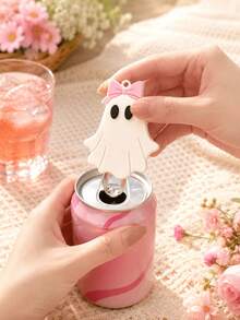 1pc Pink Bow Ghost Can Opener Keychain, Cute Halloween Drink Can Opener, Portable Bag Charm - View 1
