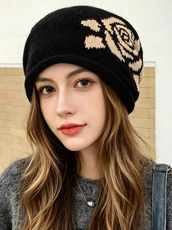 1pc Rose Jacquard Drawstring Slouchy Beanie Hat For Women, Autumn/Winter New Versatile Rolled Edge Face-Slimming Ear-Protective Knit Cold Weather Cap