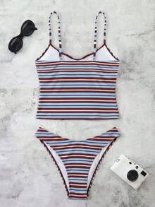 New Spring/Summer French Striped Sexy Casual Elegant Halter Tie Waist Slimming Beach Holiday Party Swimsuit Set - Multicolor - View 3