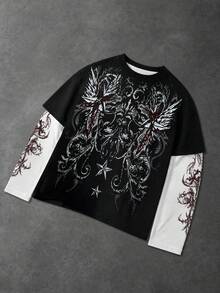 Zrgoth 男士復洛克捲軸之翼星星滿版印花拼接 2 合 1 長袖上衣 - 黑色 - 查看 3
