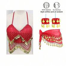 1 Set Handmade Sequin Beaded Tassel Camisole Bra With Multicolor Metallic Fabric Glitter Sequin Waist Belt Skirt Belly Dance Costume Stage Carnival Performance Outfit. Suitable For Party, Beach, Bohemian Vintage Style. - Multicolor - View 16