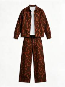 Setelan Kemeja Pendek Kamuflase Abstrak Cokelat Maillard, Jaket Kerah Longgar Pria dengan Celana Panjang Lebar Bertali Serut 2 Potong - Coklat - View 3