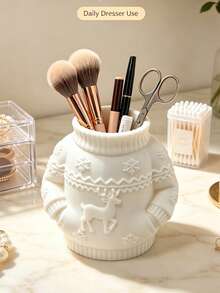 White Sweater Reindeer Desktop Storage Bucket, Christmas‑Style Embossed Makeup Brush Organizer Jar, Vanity Beauty Tool Holder, Holds Scissors Combs Small Trinkets, Vibe Storage Decor For Bedroom Bathroom - Multicolor - View 9