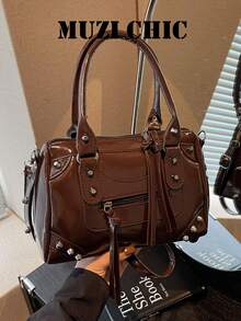 Handbag With Rivet And Tassel Decor, Handheld Or Crossbody, Zipper Closure, Sweet & Cool Y2K Style, Pillow Bag, Daily Commute And Date, Large Capacity Multi-Compartment Design, And Unique, Matches Various Outfits, Eye-Catching Look, Meets Daily Storage Needs, Creates Atmospheric Outfit - Brown - View 2