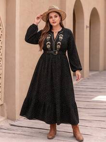 Bohemian Polka Dot Embroidered Flowy Hem Women's Plus Size Dress - Black - View 1