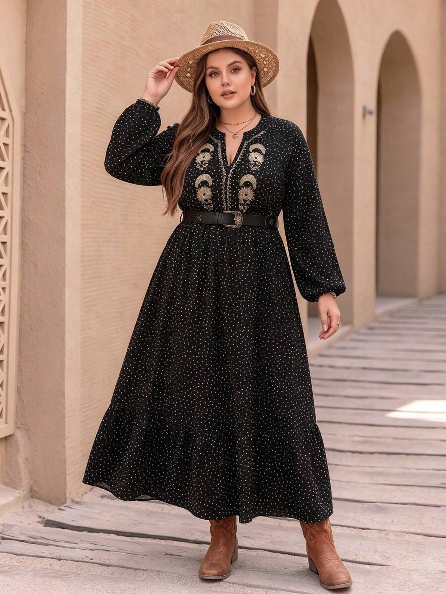 Bohemian Polka Dot Embroidered Flowy Hem Women's Plus Size Dress - Black - View 1