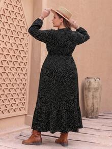 Bohemian Polka Dot Embroidered Flowy Hem Women's Plus Size Dress - Black - View 3