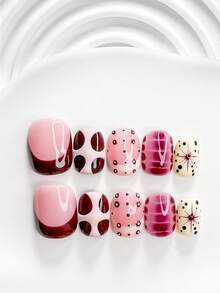 10pcs Sweet Cool Style Contrast Color Handmade Press-On Nails, Polka Dot Red Nail Polish, Soft Gradient Atmosphere, Includes Nail Tools, 3 Sizes Available, Square/Short Square/Almond Shape, Suitable For Party, Dancing, Daily Wear - Multicolor - View 17