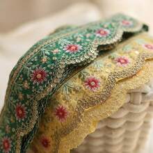 1/5碼 5.5公分寬刺繡亮片蕾絲飾邊－鮮黃、綠、白多色花卉圖案－適用於DIY帽子飾帶、領帶、窗簾裝飾及手工縫製項目 - 多色E - 查看 6