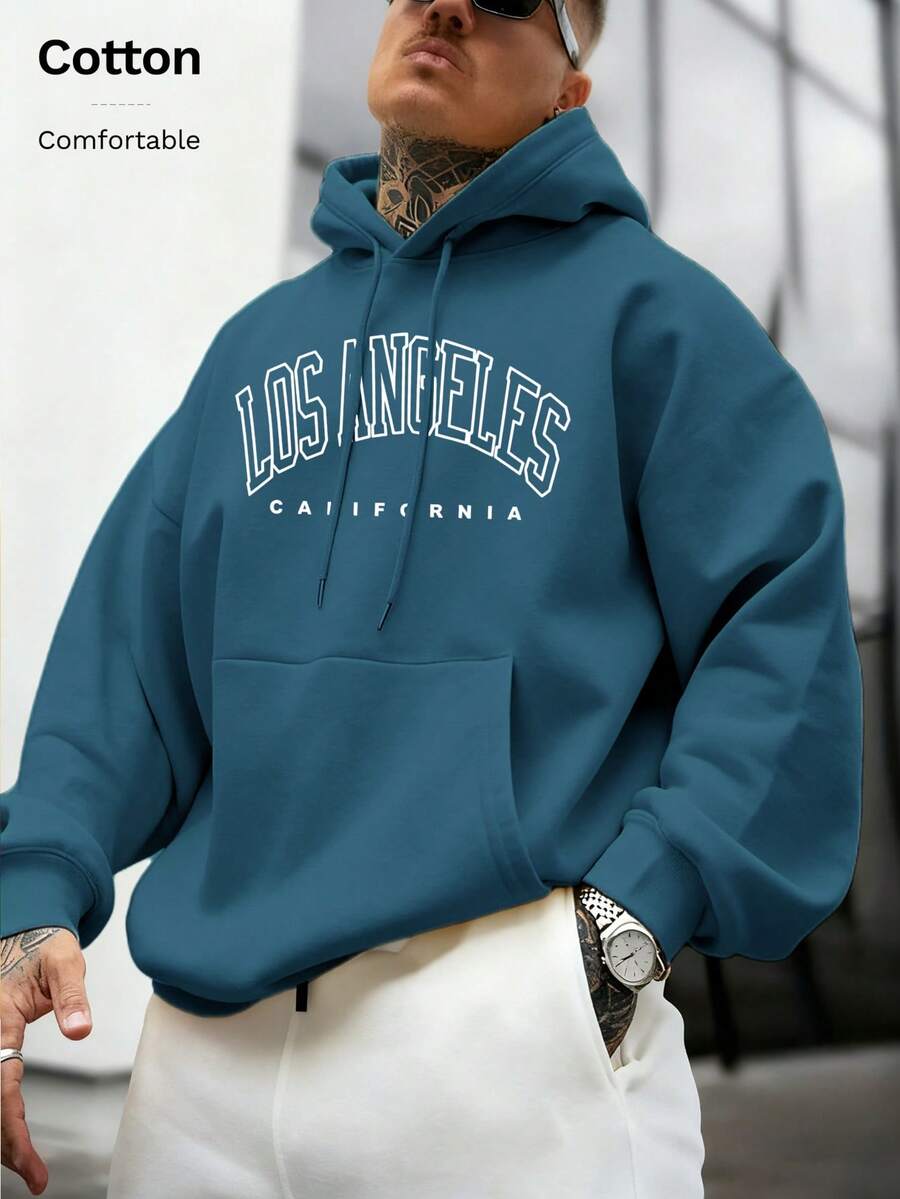 Autumn Winter Men's Cotton Loose Hooded Pocket Sweatshirt With Los Angeles California White Print, Casual Street Sporty Look - Peacock Blue - View 1