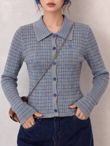 Women's Autumn Casual Personalized Thin Striped Collar Cardigan Knit Sweater - Light Grey - View 4