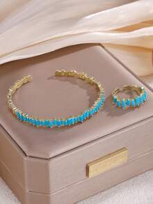 rakol 2pcs Fashionable Cubic Zirconia Asymmetrical Decoration Ring & Bracelet Set - Yellow Gold - View 5