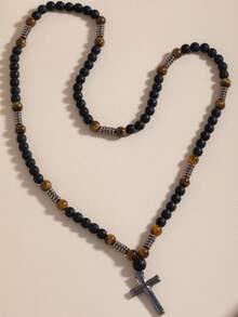 1pc Autumn/Winter Artificial Tiger Eye Stone Vintage Casual Men's Long Cross Necklace Sweater Chain - Multicolor - View 3