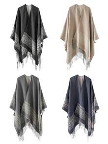 1pc Multi-Color European & American Autumn/Winter Men's Geometric Jacquard Fringe Cape Shawl, Loose Warm Thick Cardigan Scarf 2-In-1 - Multicolor - View 1