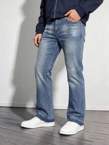 Men's Vintage Light Blue Washed Flared Jeans, Gradient Cat Whisker Faded Thighs Vibe Street Style Versatile Casual Daily Stretch Denim Pants - Blue - View 4