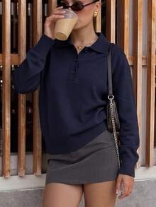 JustMiss Women's Thick Knit Sweater With Turn-Down Collar, Button-Up Half-Open Front, Long Sleeve, Solid Color, Minimalist Preppy Casual Commuter Style, Autumn/Winter - Navy Blue - View 3