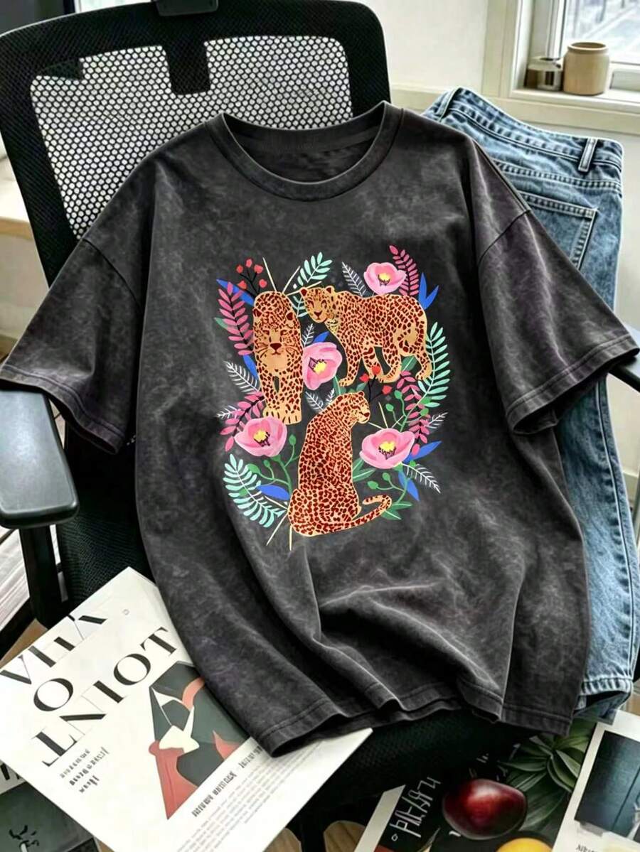 女款休閒圓領短袖大尺碼T恤 夏季 - 深灰色 - 查看 1