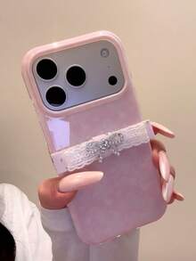 Korean Style Ins Pink Green Floral Lace Bow Phone Case Compatible With Apple 17 Pro Max 16 Pro New 15 Women 17 Pro Niche 15 Pro Full Coverage Shockproof Phone Cover - Pink - View 3