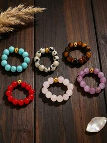 1 Pc Stainless Steel Natural Stone Beads With Elastic Spacer Beads, Bohemian Style, DIY Handmade Jewelry For Women's Everyday And Party Wear - Bead - View 4