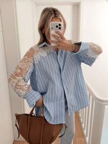 Elegant Semi-Sheer Lace Patchwork Long Sleeve Blouse For Women, Suitable For Street Casual And Dating Wear In Autumn - Blue - View 3
