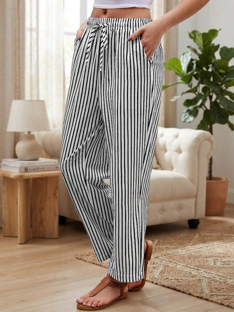Plus Size Women's Striped Drawstring Waist Pocket Casual Pants - Black - View 1