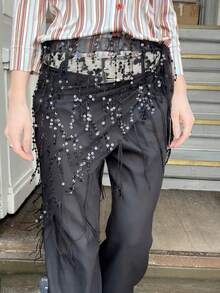 1pc Summer Beach New Jazz Dance Street Dance Waist Chain Hip Scarf Accessory, Sequin Triangle Scarf Tassel Waist Belt, Multi-Functional Waist Wrap - Black - View 2