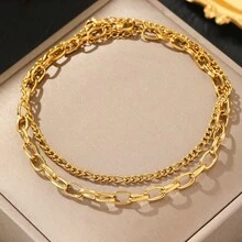 2件組極簡奢華風18K鍍金不鏽鋼腳鍊，雙層可疊戴防褪色鏈條腳飾，適合海灘度假與日常配戴 - 金黃色 - 查看 4