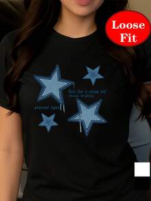 Women's Plus-Size Short-Sleeved Round-Neck T-Shirt - Star Pattern Blouse, -Line Casual Short-Sleeved Summer Top, Round-Neck Blouse - Black - View 2